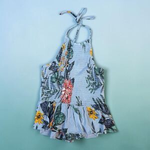 Patrons of Peace S Chambray Blue Floral Halter Top - Smocked Peplum
